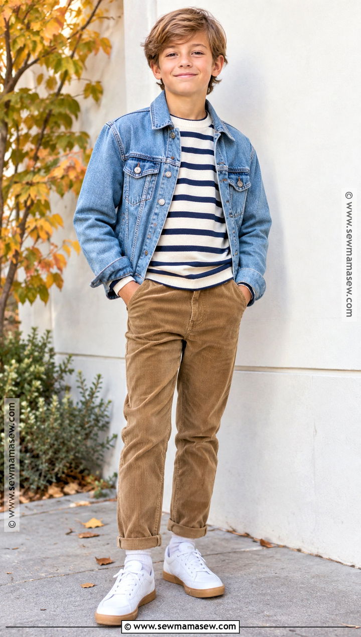 Boys Fall Outfit With Striped Tee and Corduroy Pants - 15 boys fall capsule wardrobe ideas