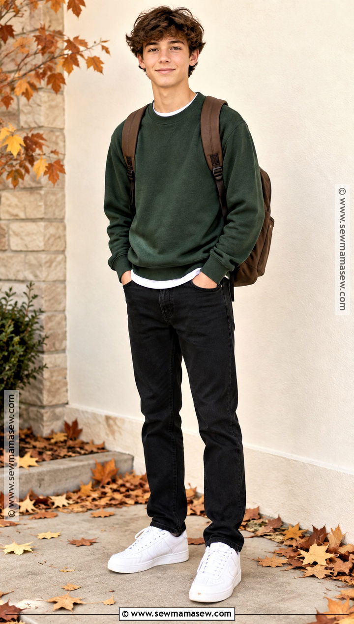 Boys Fall Outfit With Sweater and Black Jeans - 15 boys fall capsule wardrobe ideas