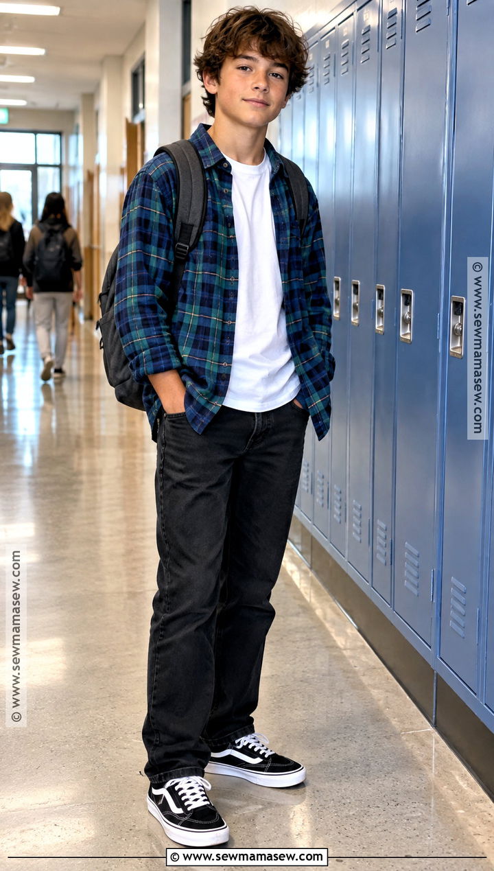 Boys Flannel Shirt And Black Jeans Outfit - 20 Back To School Outfits for Boys