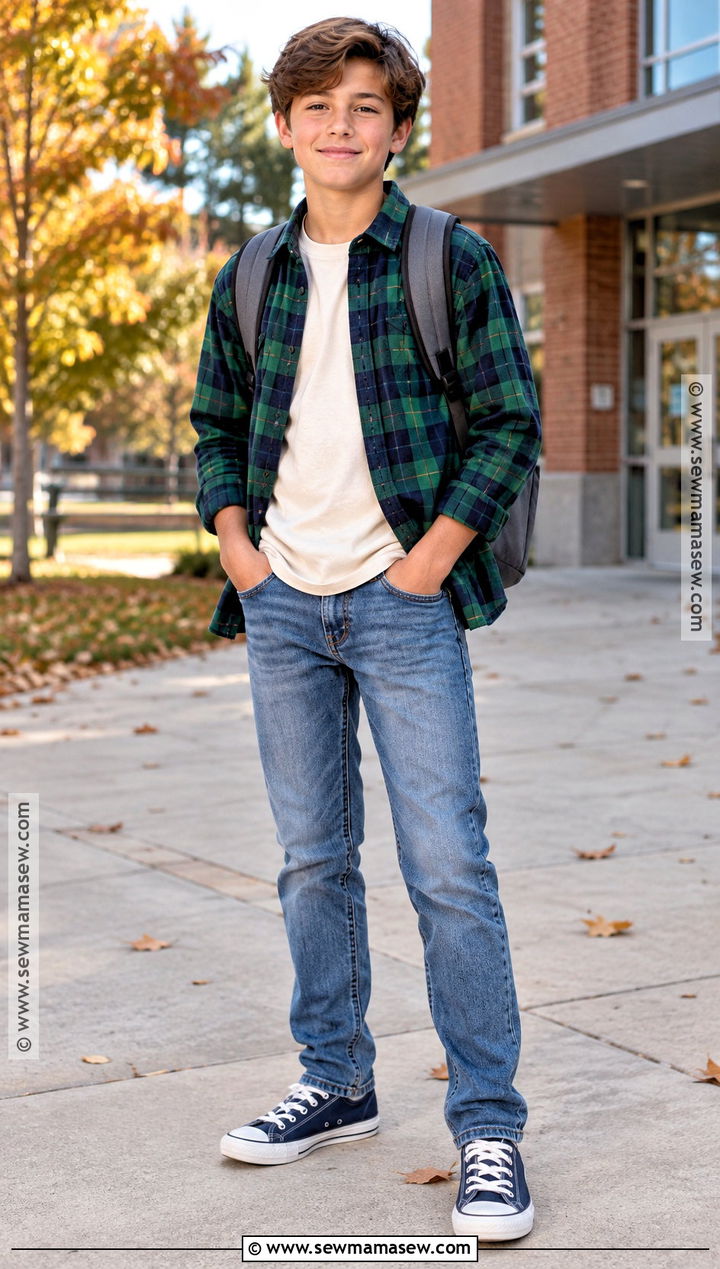 Boys Flannel Shirt And Straight Jeans Outfit - 15 boys back to school clothes