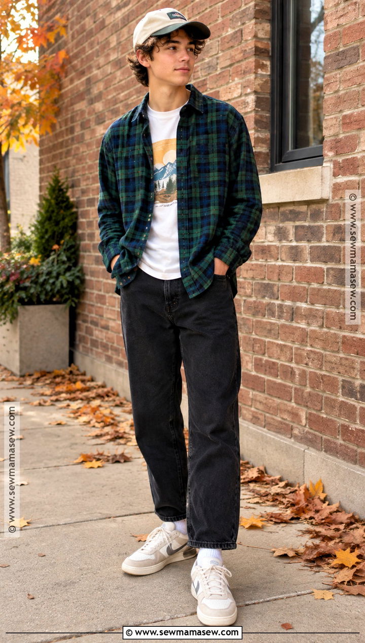 Boys Graphic Tee With Plaid Overshirt Fall Outfit - 15 kids fall outfits for boys