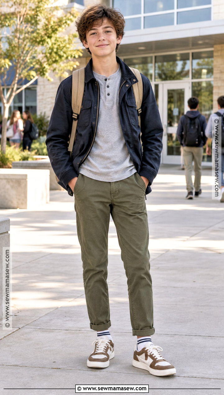 Boys Henley Shirt And Olive Chinos Outfit - 20 Back To School Outfits for Boys
