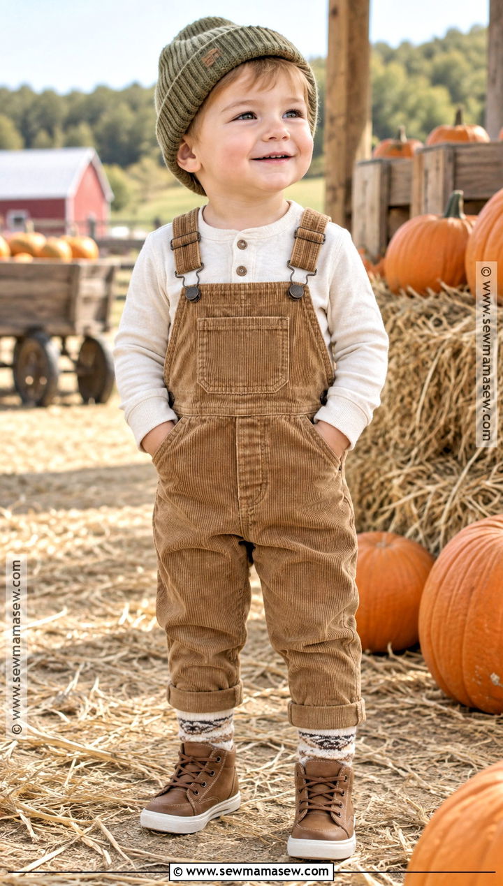 Boys Henley Shirt With Corduroy Overalls Fall Outfit - 15 kids fall outfits for boys
