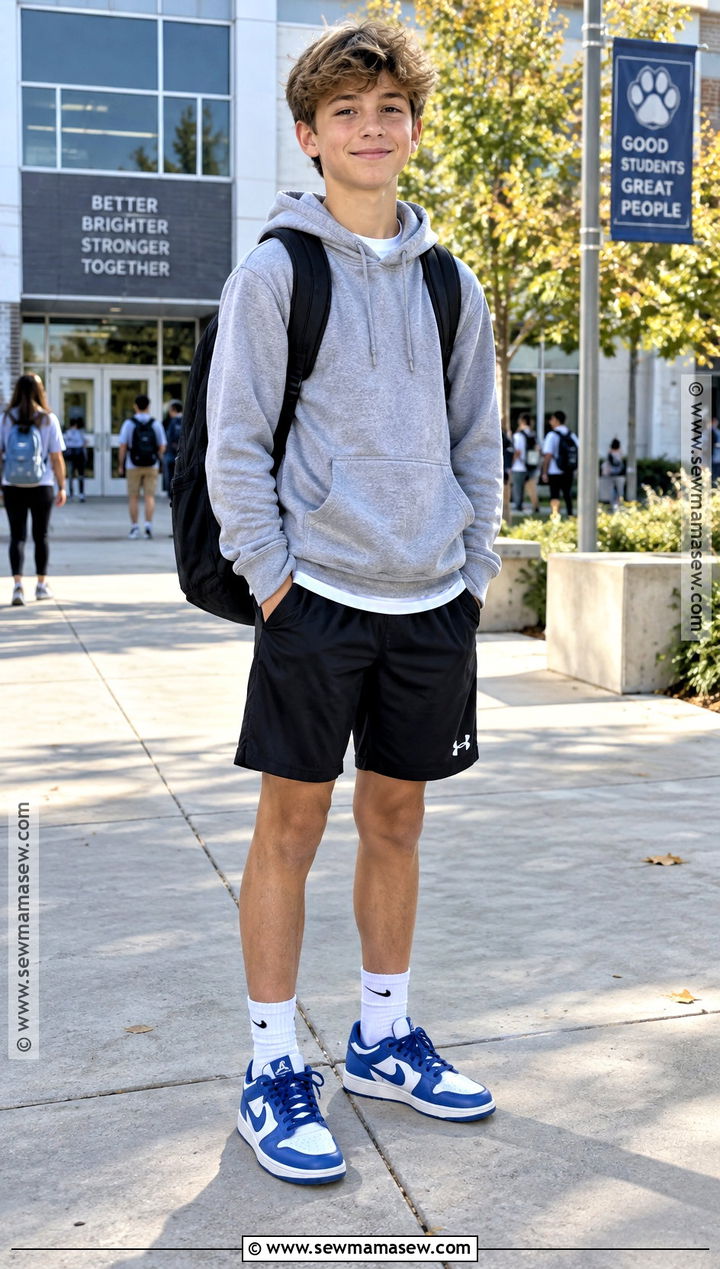 Boys Hoodie And Athletic Shorts Outfit - 15 boys capsule wardrobe back to school ideas