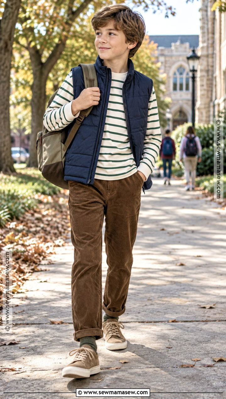 Boys Long Sleeve Tee And Corduroy Pants Outfit - 20 Back To School Outfits for Boys