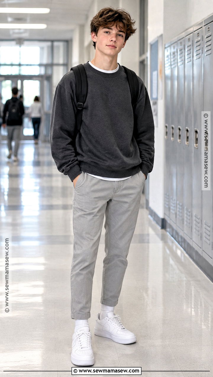 Boys Monochrome Sweatshirt And Pants Outfit - 20 Back To School Outfits for Boys