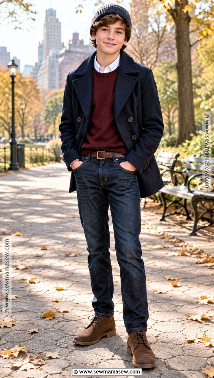 Boys Peacoat And Dark Jeans Fall Outfit - 25 boys fall outfits