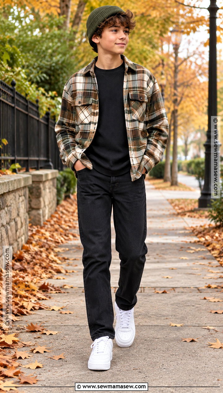 Boys Plaid Overshirt and Black Jeans Outfit - 15 Casual Fall Outfits for Boys