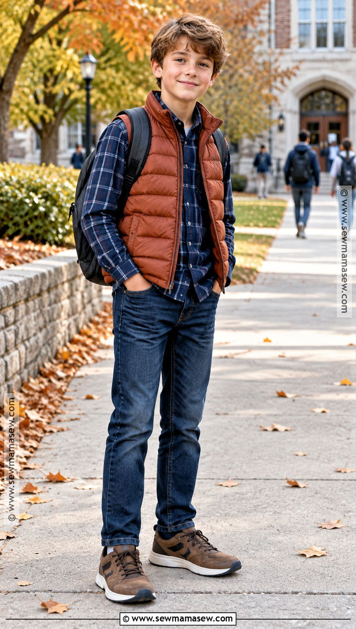 Boys Puffer Vest And Jeans Outfit - 20 Back To School Outfits for Boys