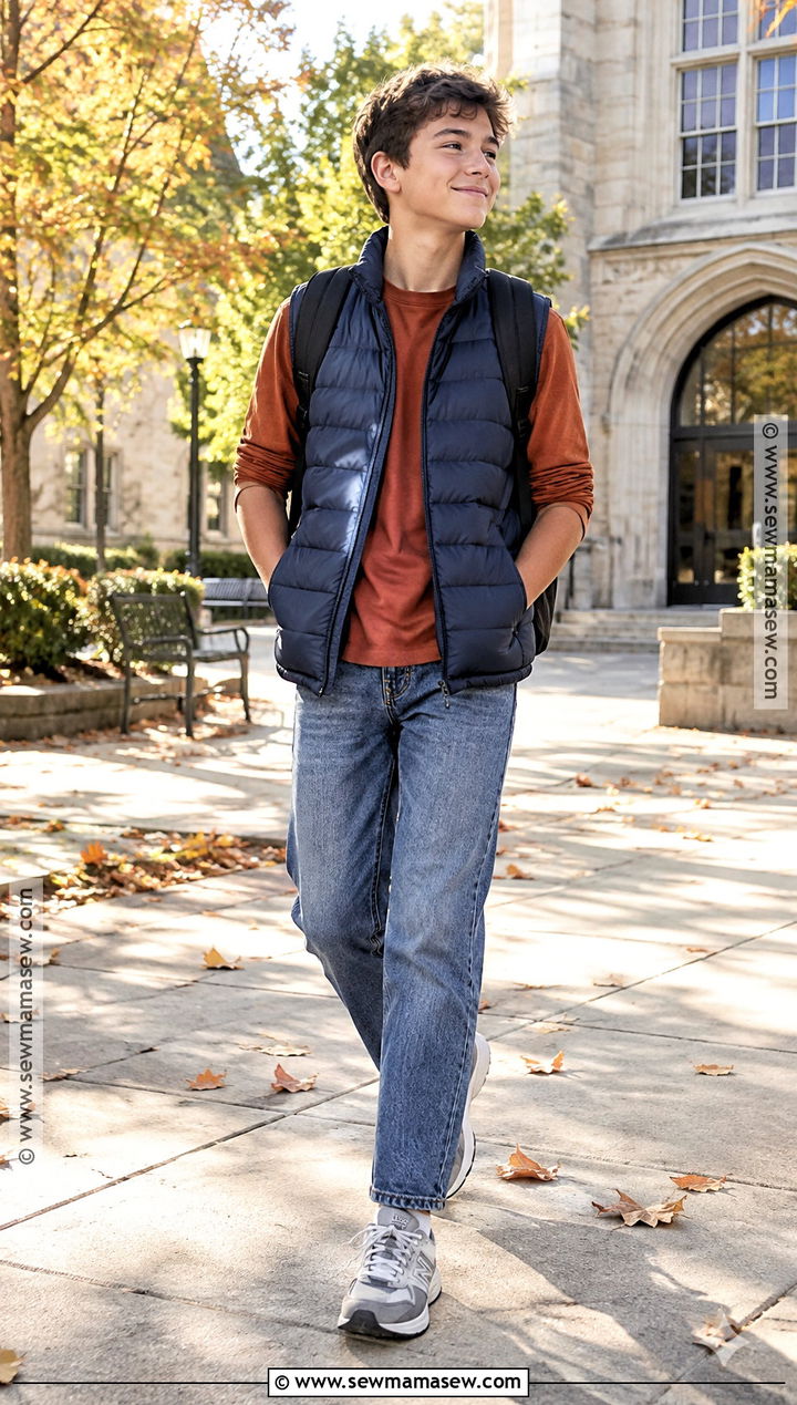 Boys Puffer Vest And Long Sleeve Tee Outfit - 15 boys capsule wardrobe back to school ideas