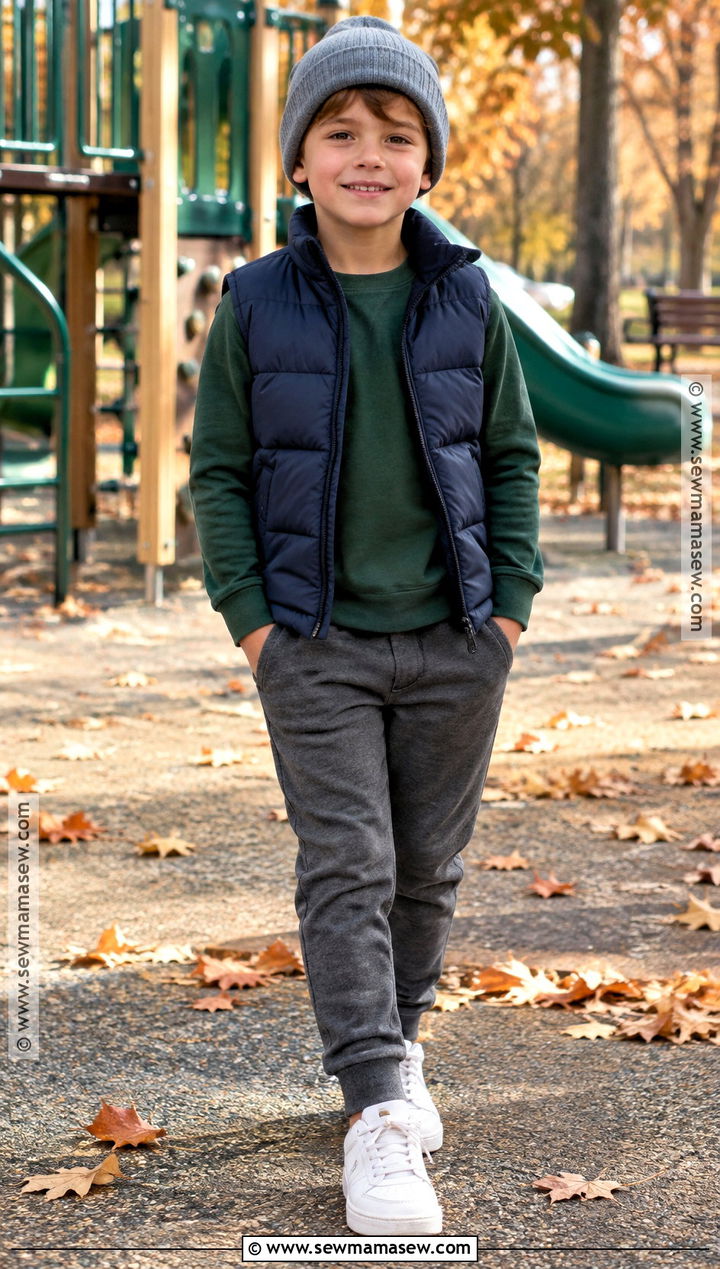 Boys Puffer Vest With Joggers Fall Outfit - 15 kids fall outfits for boys