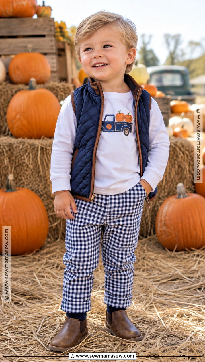 Boys Pumpkin Truck Shirt With Navy Gingham Pants - 15 boys pumpkin shirt ideas