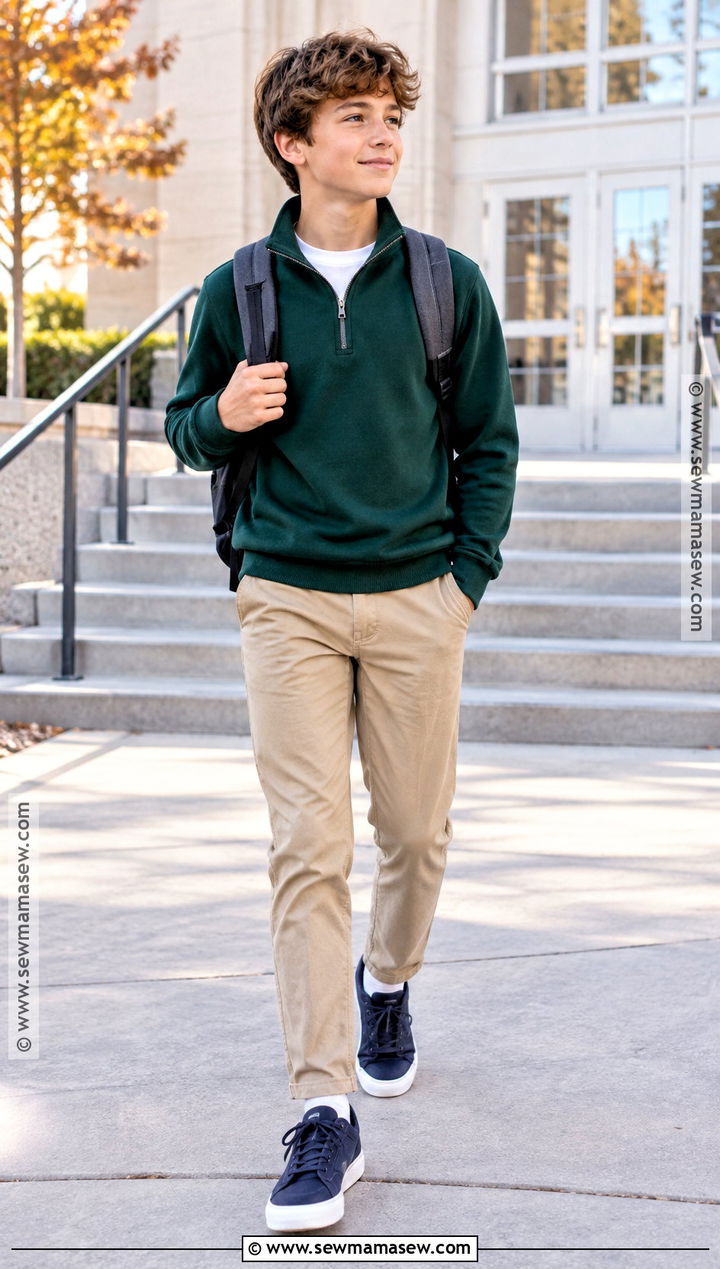 Boys Quarter Zip And Khaki Pants Outfit - 15 boys capsule wardrobe back to school ideas