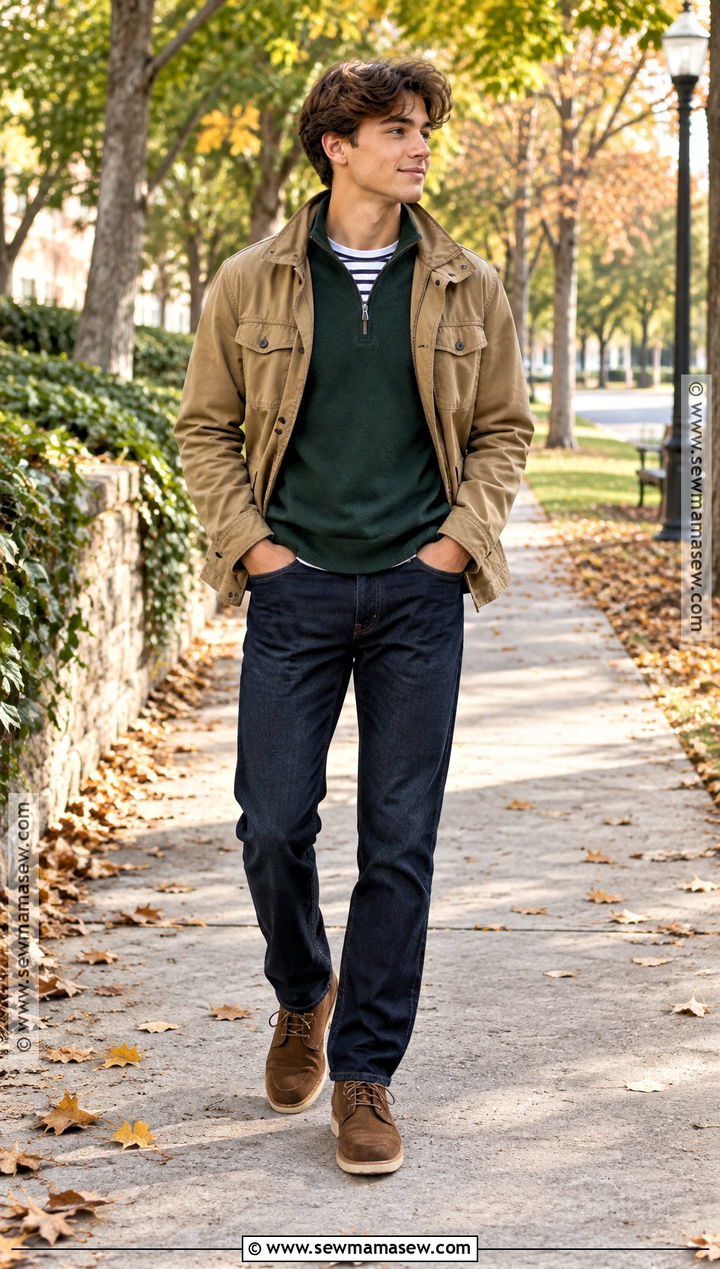 Boys Quarter Zip Sweater With Dark Jeans Fall Outfit - 15 kids fall outfits for boys