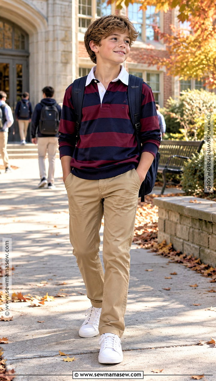 Boys Rugby Shirt And Chinos Fall Outfit - 15 boys fall style ideas