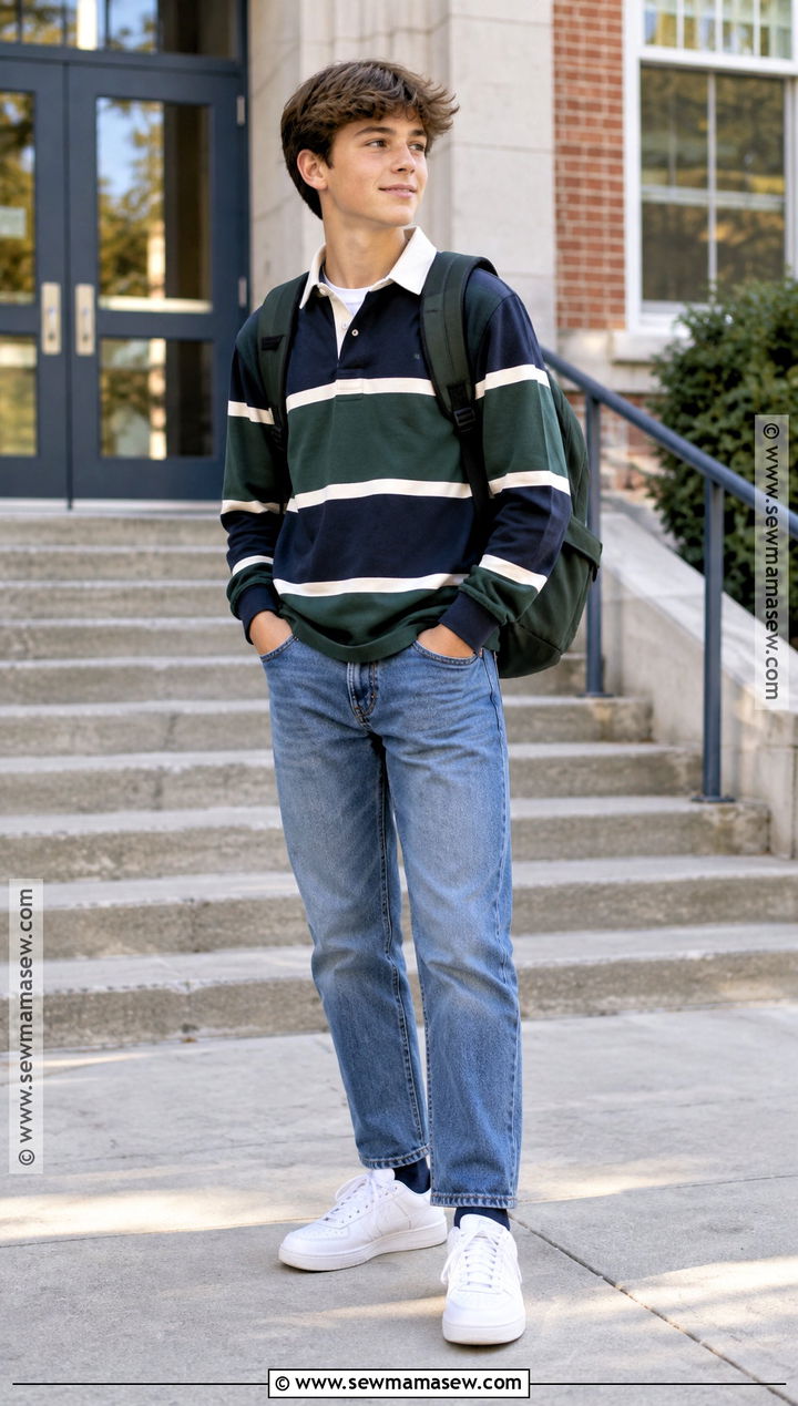 Boys Rugby Shirt And Straight Jeans Outfit - 20 Back To School Outfits for Boys