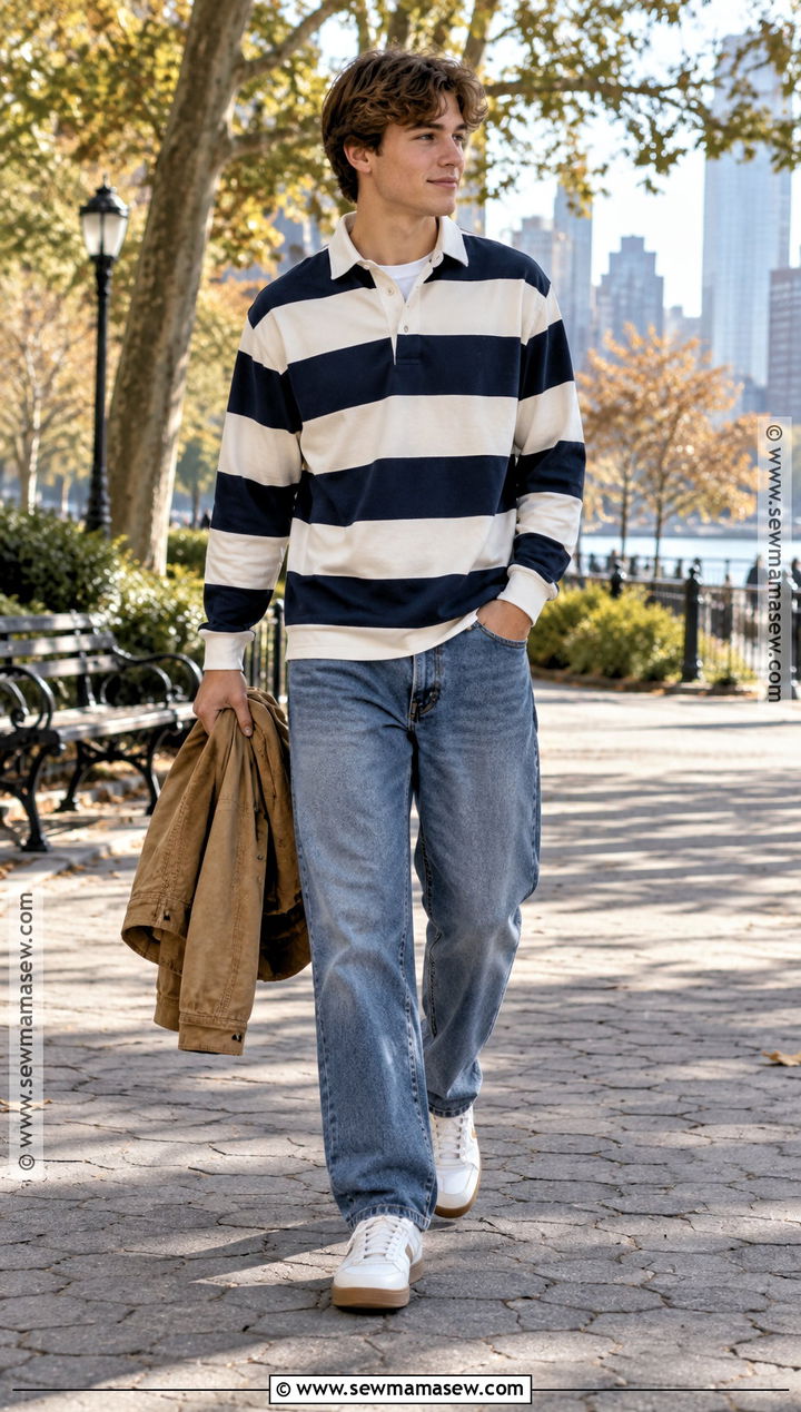 Boys Rugby Shirt With Loose Jeans Outfit - 15 boys fall fashion ideas 2026