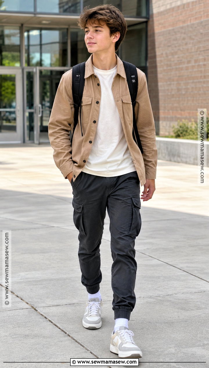 Boys Shacket And Cargo Joggers Outfit - 20 Back To School Outfits for Boys