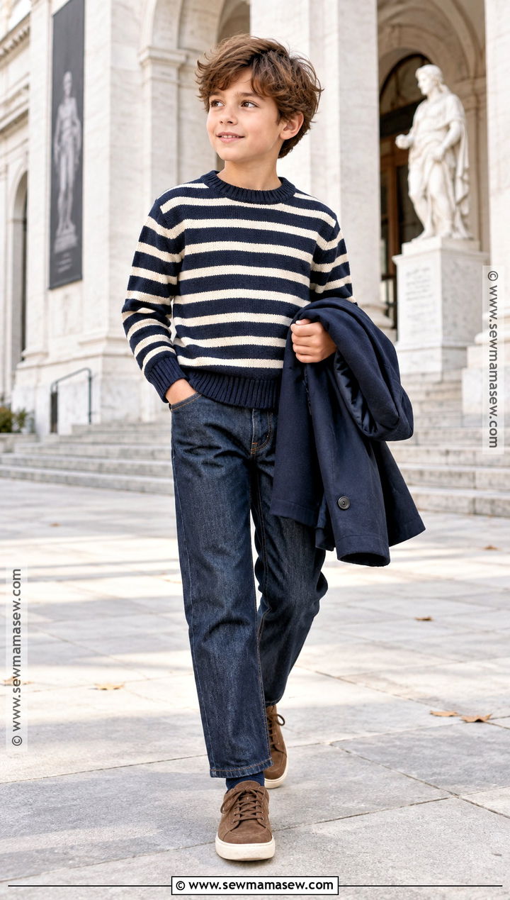Boys Striped Sweater And Dark Jeans Fall Outfit - 25 boys fall outfits