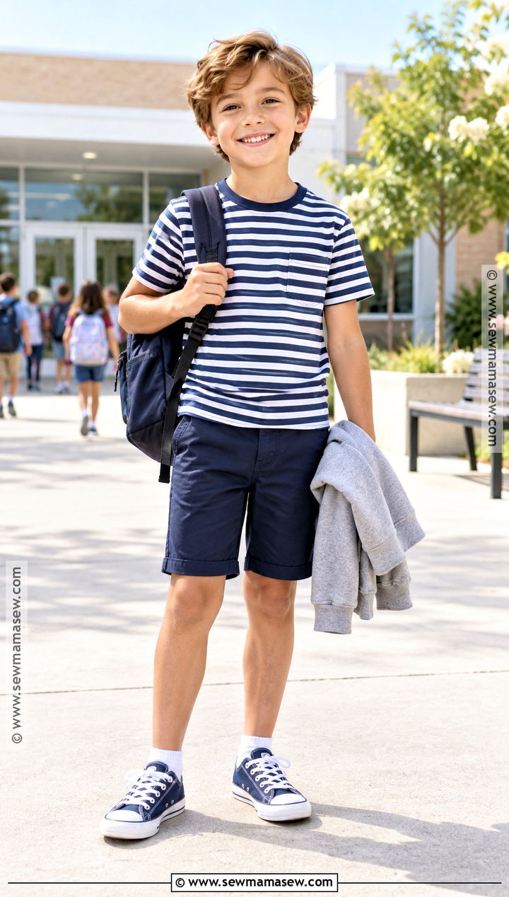 Boys Striped T Shirt And Navy Shorts Outfit - 20 Back To School Outfits for Boys