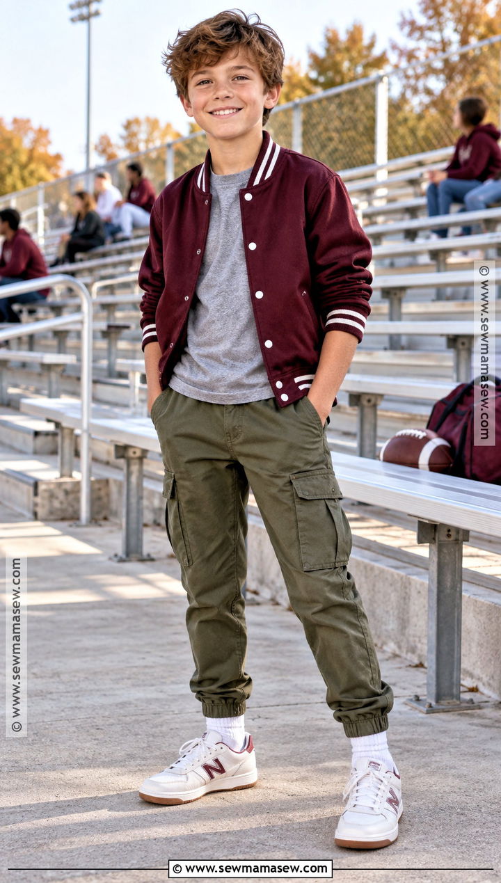 Boys Varsity Jacket And Cargo Pants Fall Outfit - 20 boys fall outfits for kids