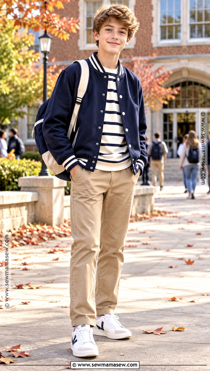 Boys Varsity Jacket And Chinos Fall Outfit - 15 boys fall style ideas
