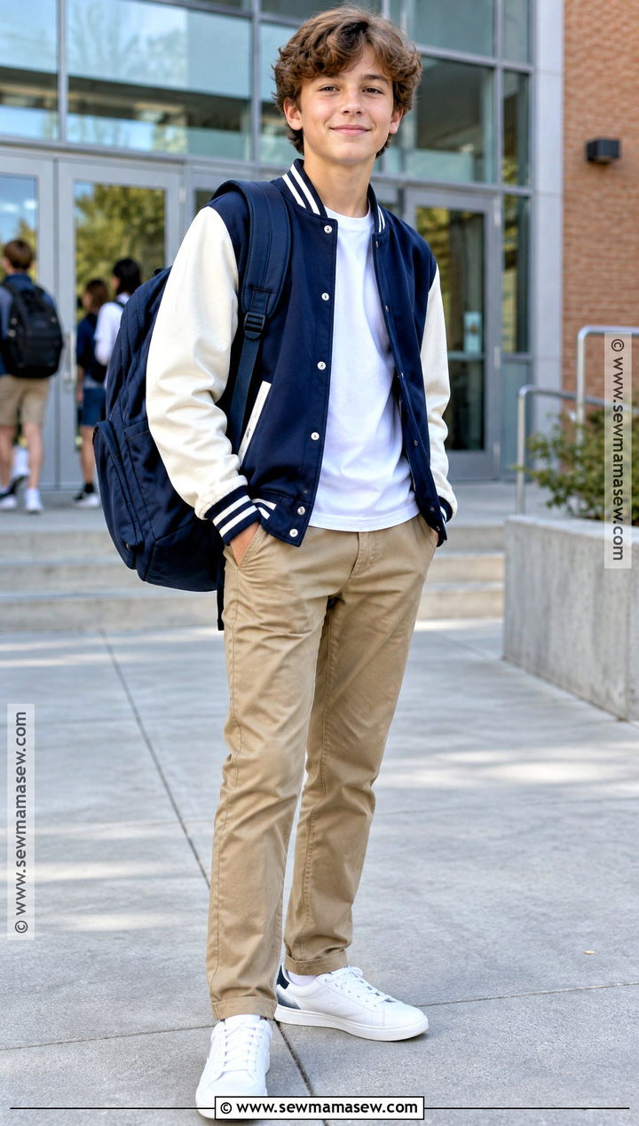 Boys Varsity Jacket And Khaki Pants Outfit - 15 boys back to school clothes