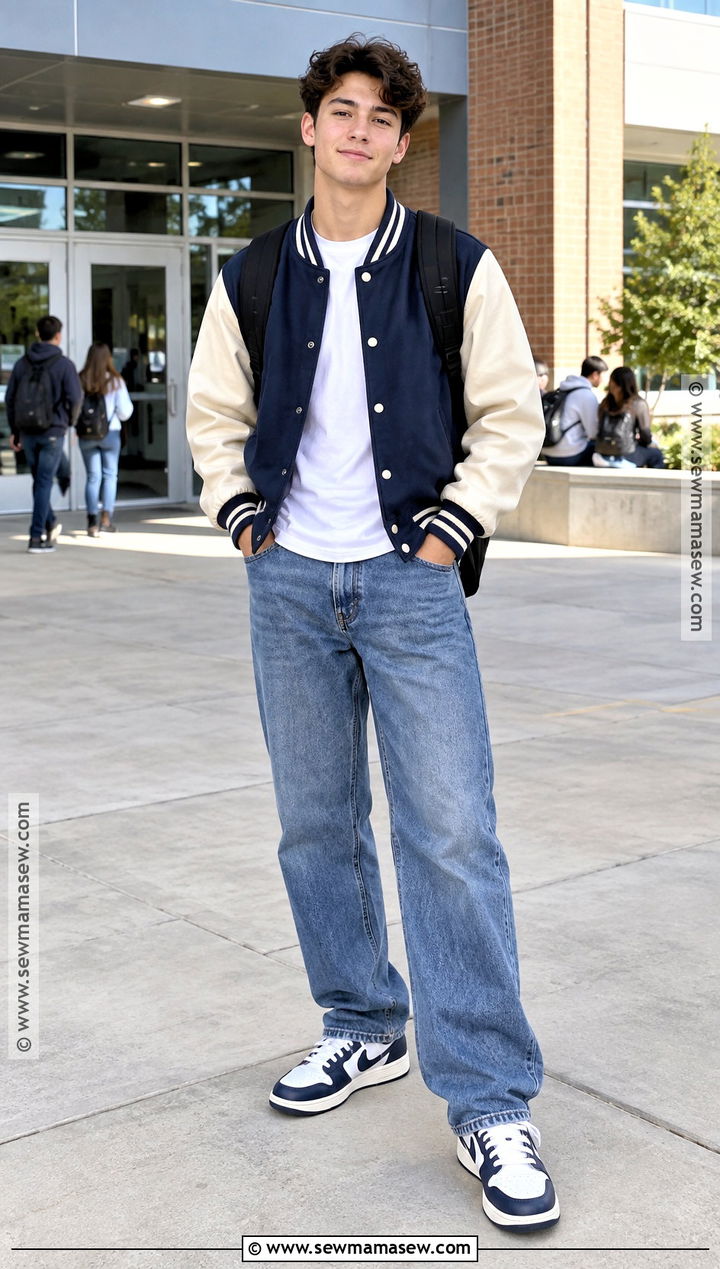 Boys Varsity Jacket And Loose Jeans Outfit - 20 Back To School Outfits for Boys