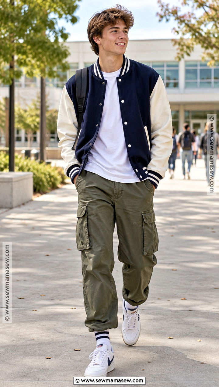 Boys Varsity Jacket With Cargo Pants Fall Outfit - 15 kids fall outfits for boys