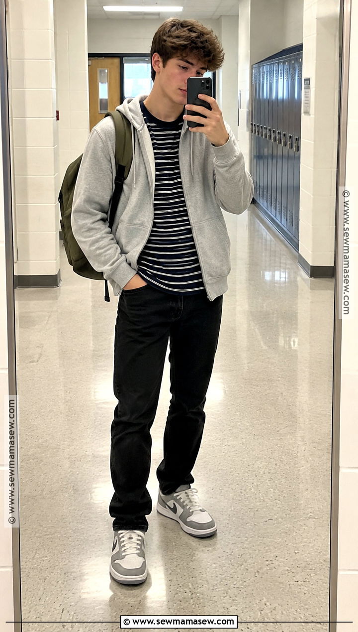 Boys Zip Hoodie And Black Jeans Outfit - 15 boys capsule wardrobe back to school ideas