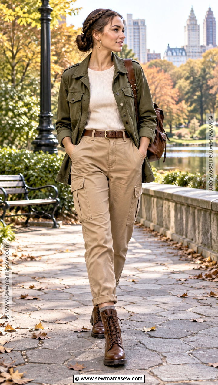 Braided Bun With Utility Jacket And Cargo Pants - 15 Bun Outfit Fall Ideas