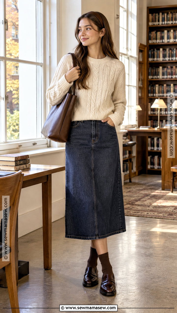 Brandy Cable Knit Sweater And Denim Skirt Outfit - 15 brandy back to school outfits