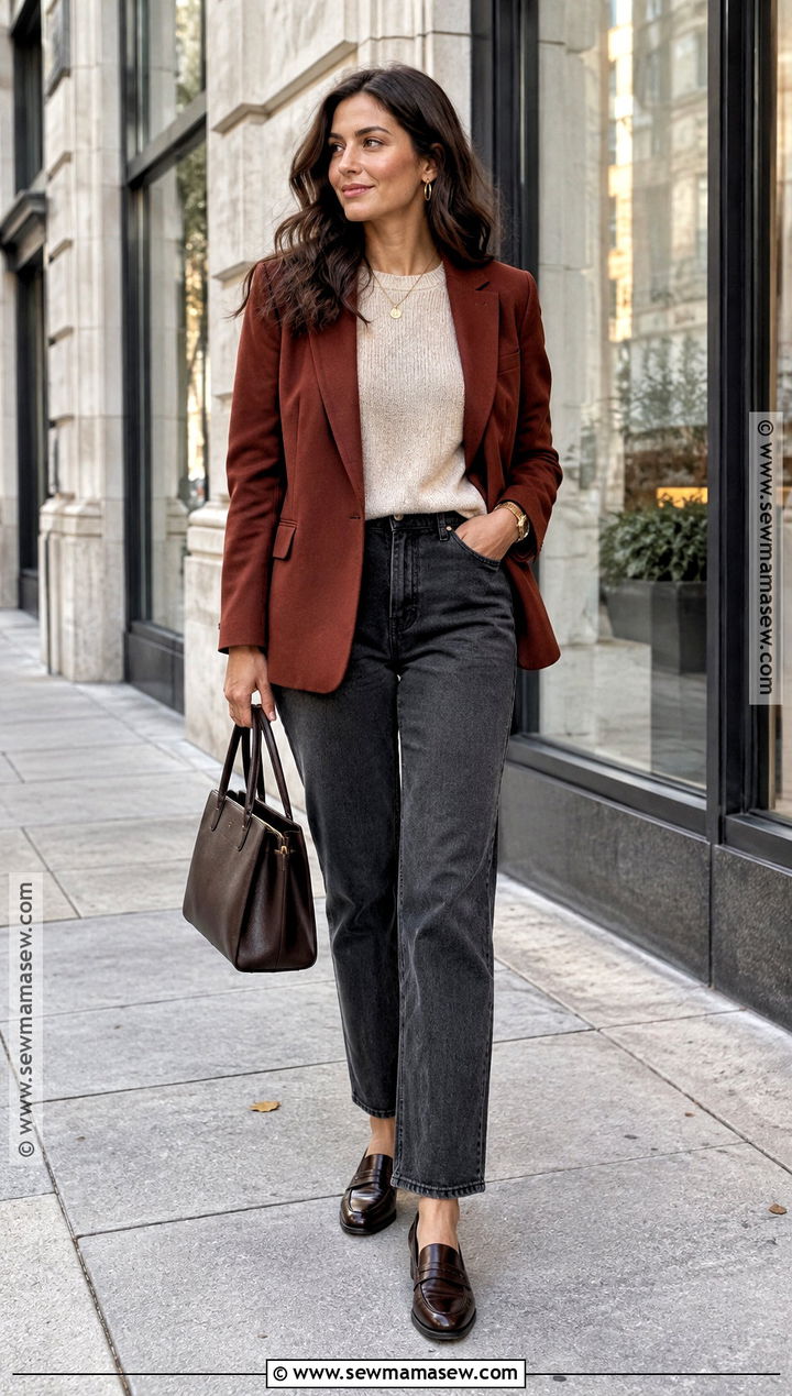 Brick Red Blazer And Charcoal Jeans Autumn Outfit - 20 autumn color palette fashion outfit ideas