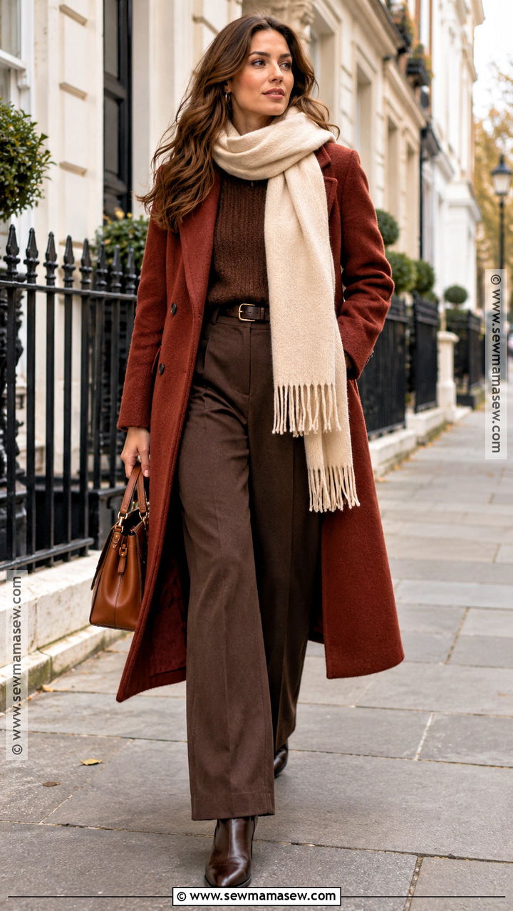 Brick Red Coat And Chocolate Monochrome Outfit - 20 autumn color season outfits