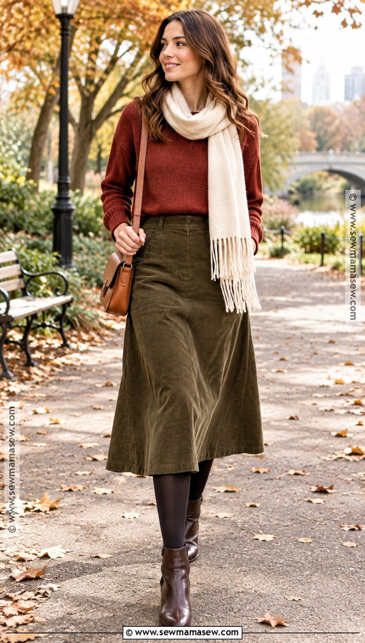 Brick Red Sweater With Olive Skirt - 20 autumn colour palette clothes