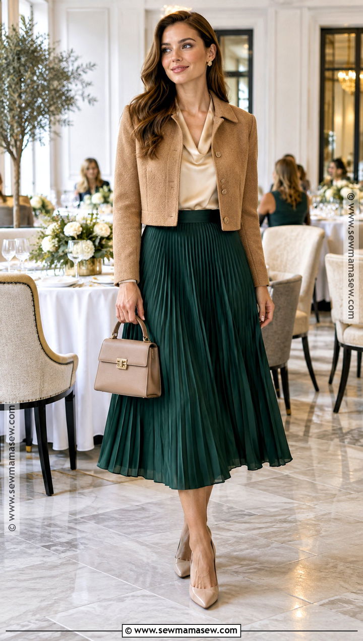 Bridal Brunch Guest Emerald Pleated Skirt Outfit - 15 Bridal Brunch Outfit Guest Fall Ideas