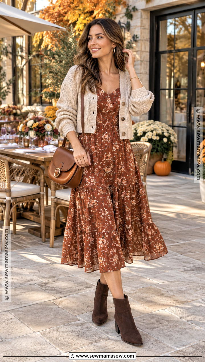 Bridal Brunch Guest Rust Floral Midi Dress Outfit - 15 Bridal Brunch Outfit Guest Fall Ideas