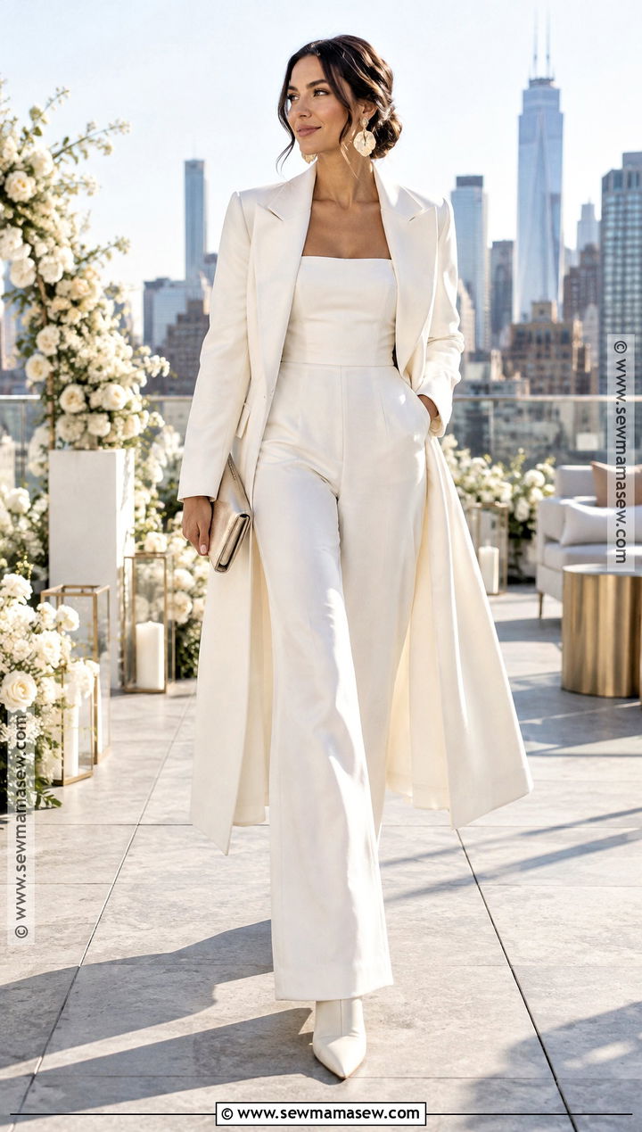 Bridal Jumpsuit With Long Tailored Coat - 20 fall bridal outfits