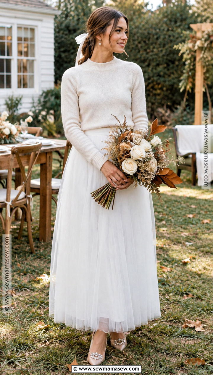 Bridal Sweater And Tulle Skirt Outfit - 15 Fall Backyard Wedding Dress Simple Ideas