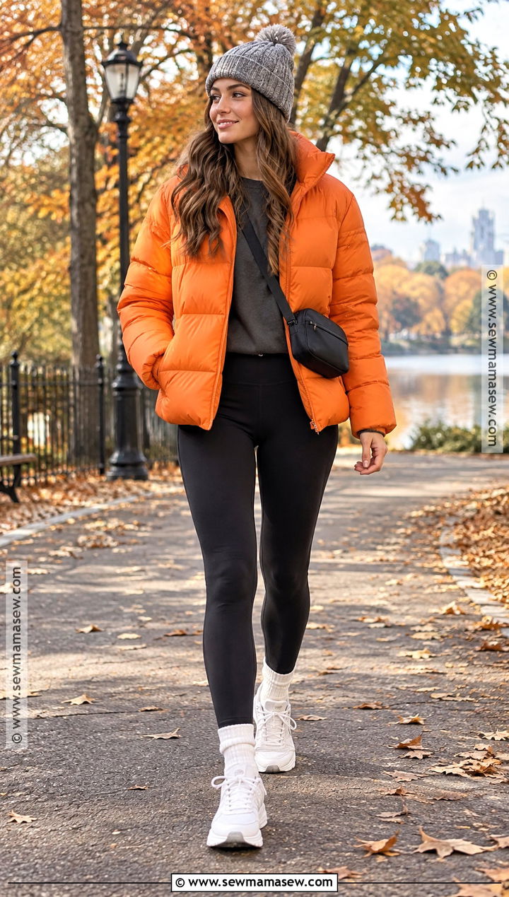 Bright Orange Puffer Jacket With Black Leggings - 15 Bright Orange Fall Fashion Ideas