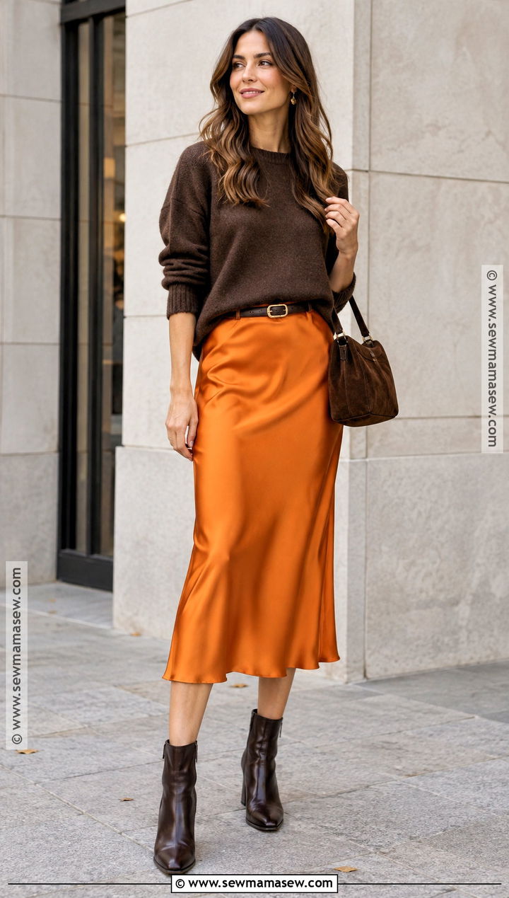 Bright Orange Satin Skirt With Chocolate Sweater - 15 Bright Orange Fall Fashion Ideas