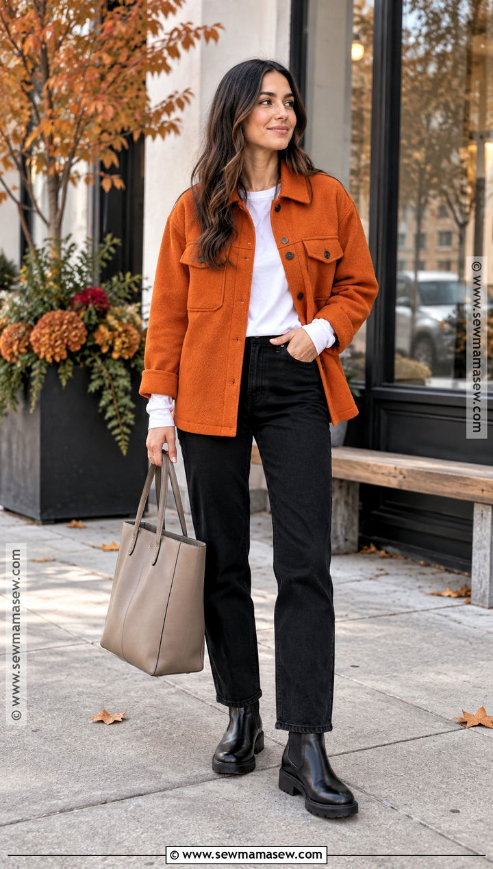 Bright Orange Shacket With Black Jeans - 15 Bright Orange Fall Fashion Ideas