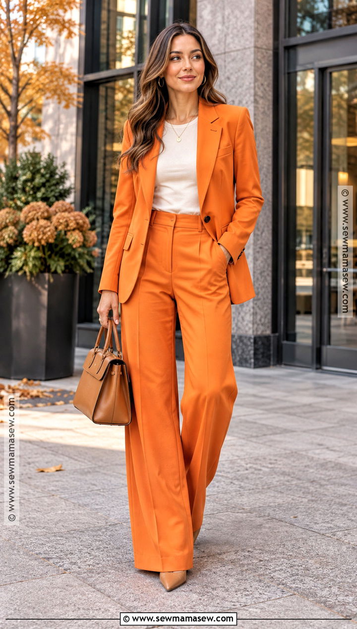 Bright Orange Suit With Neutral Accessories - 15 Bright Orange Fall Fashion Ideas