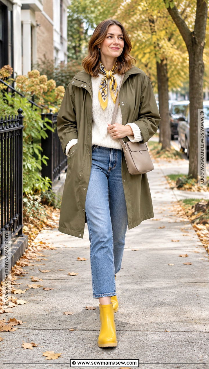 Bright Rain Boots With Sweater And Jeans - 20 rainboots outfit fall ideas