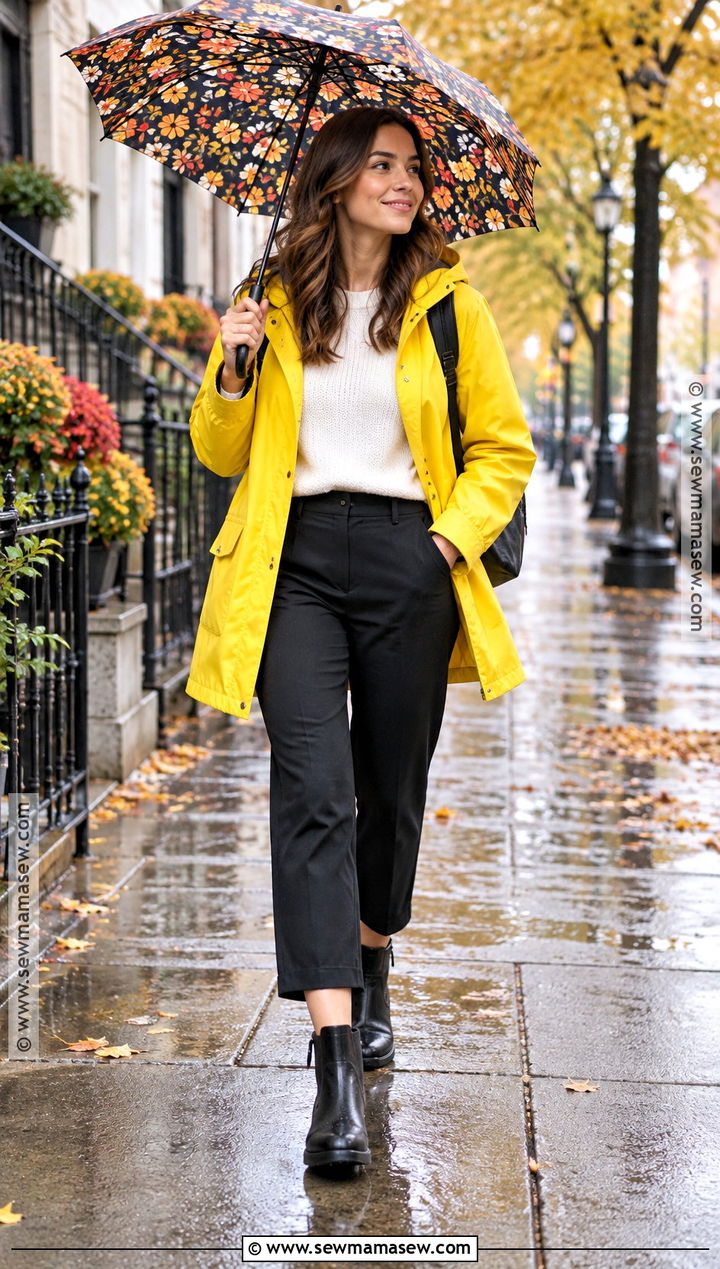 Bright Rain Slicker With Cropped Trousers And Chelsea Boots - 15 fall outfits for rainy days