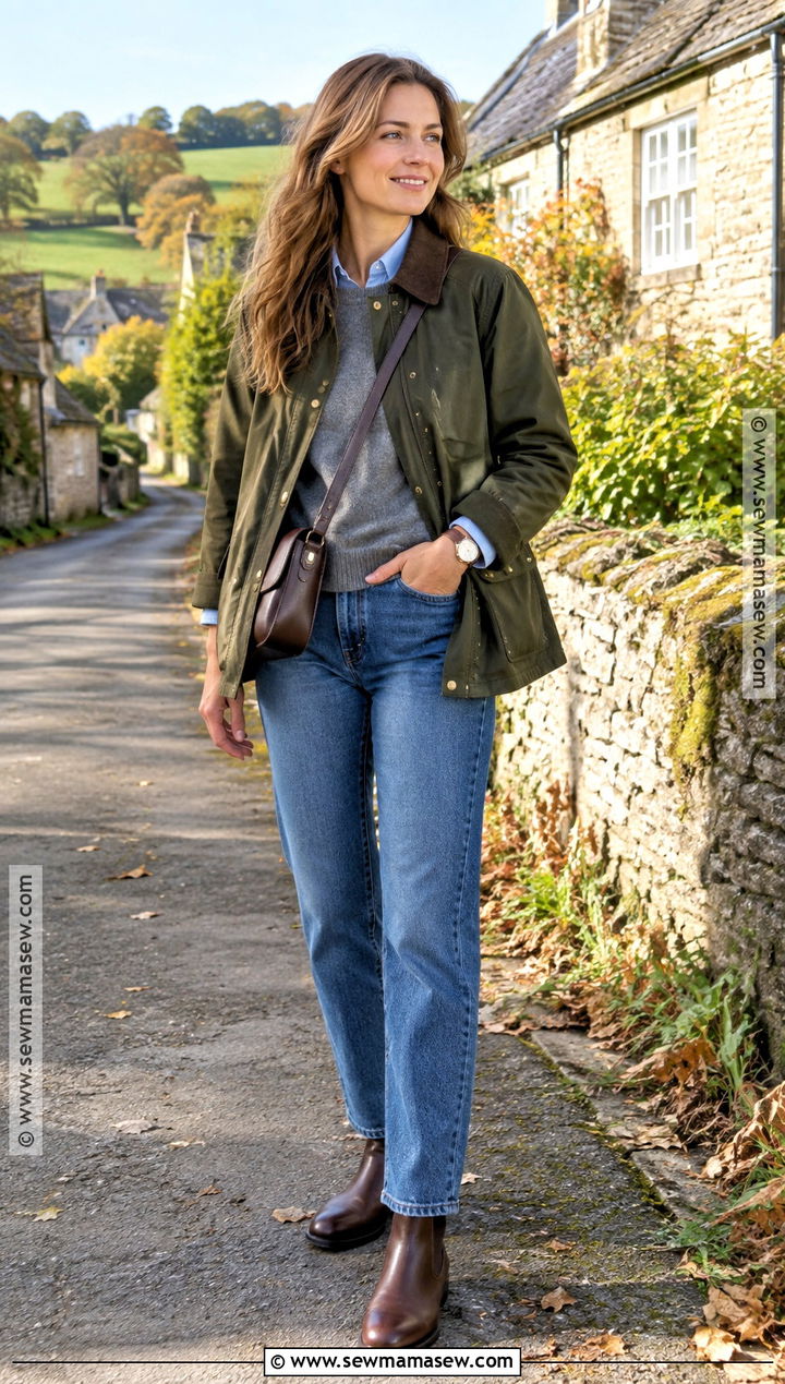 British Fall Barn Jacket And Straight Leg Jeans Outfit - 15 british fall style ideas