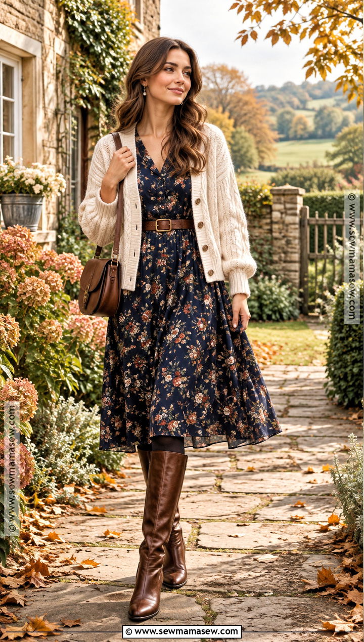 British Fall Cardigan And Floral Midi Dress Outfit - 15 british fall style ideas