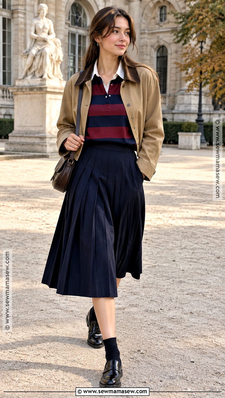British Fall Rugby Shirt And Pleated Skirt Outfit - 15 british fall style ideas