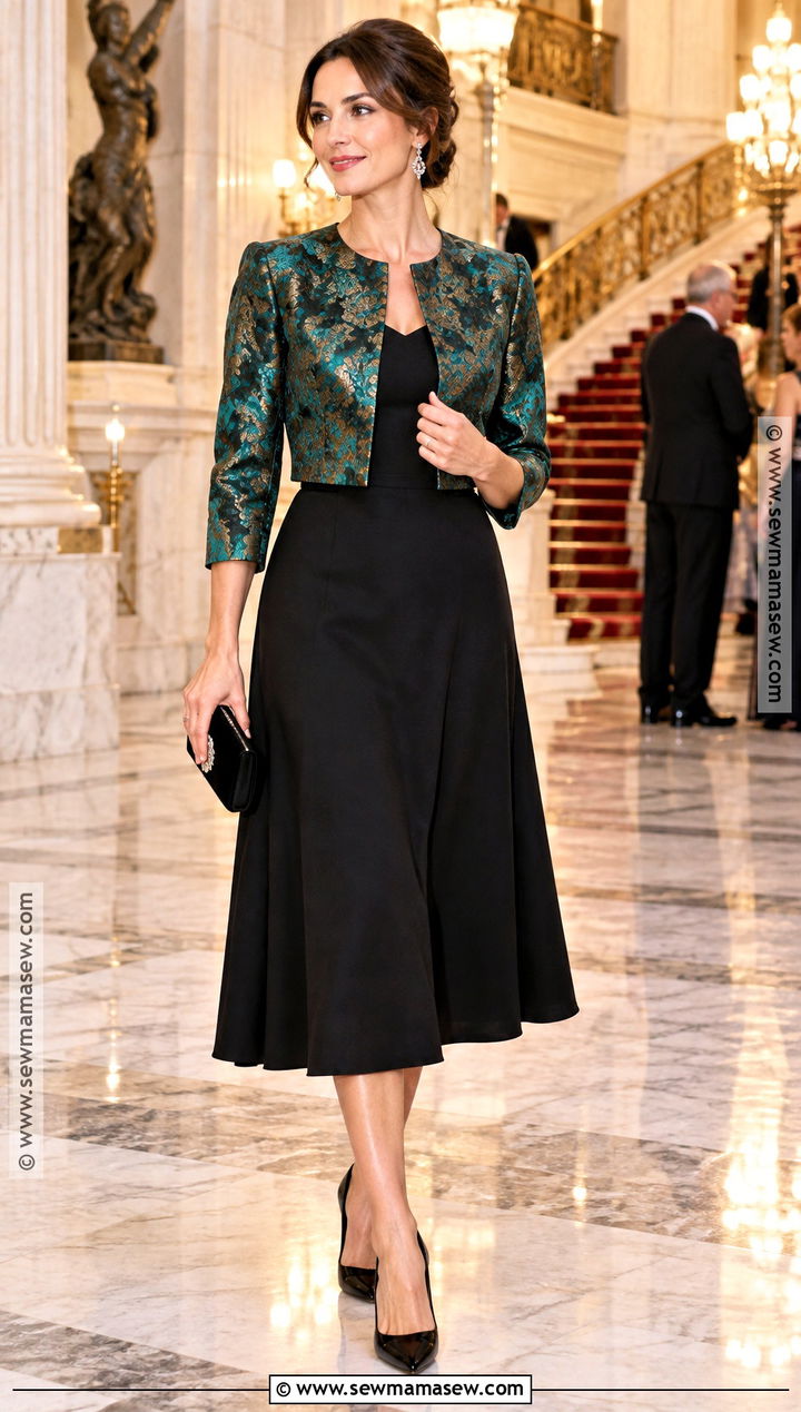 Brocade Jacket And Black Dress Outfit - 25 fancy fall outfits