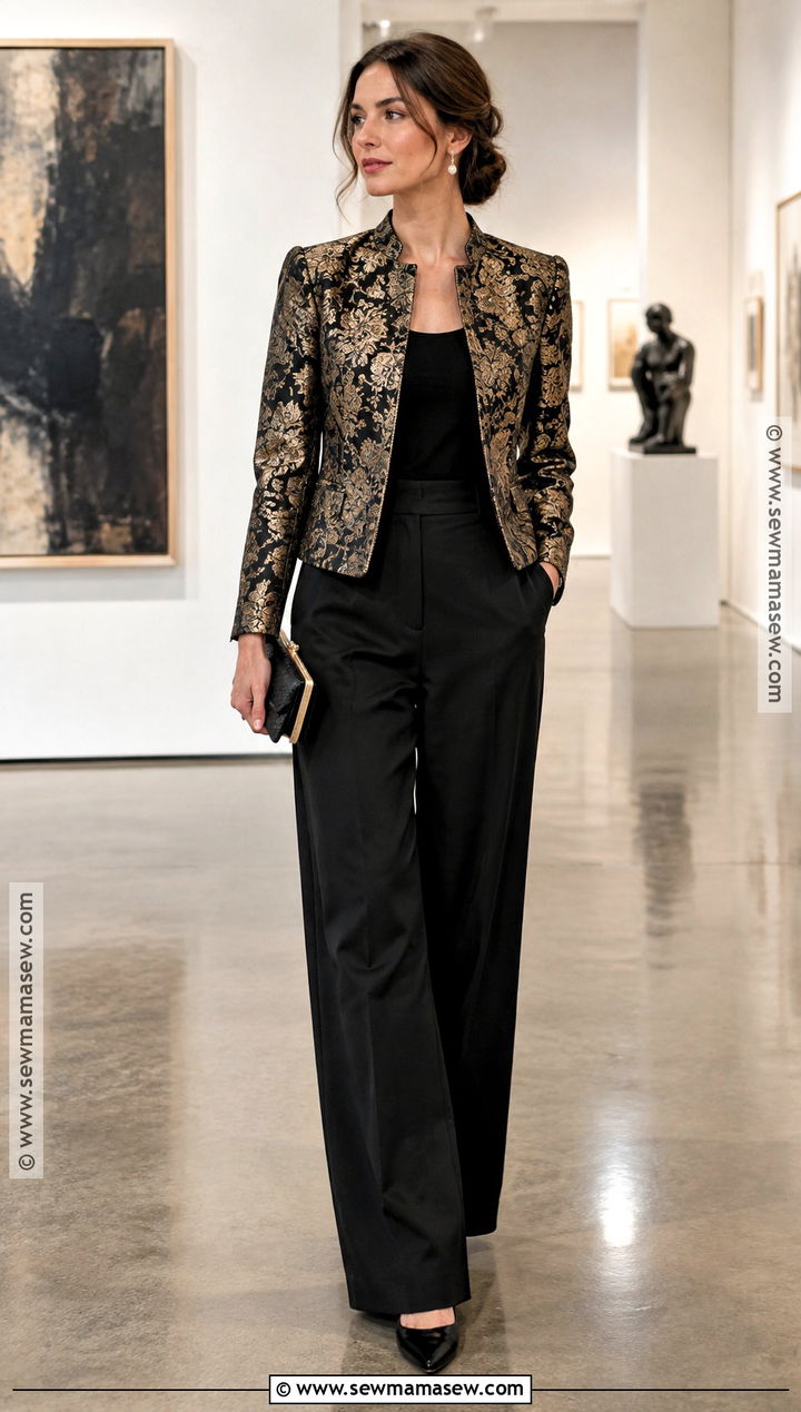 Brocade Jacket And Black Trousers Fall Outfit - 20 fall outfits fancy